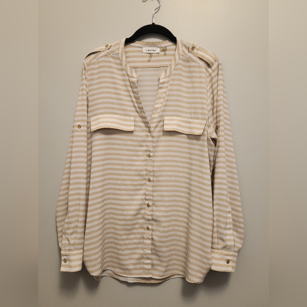 Calvin Klein Beige Striped Button-Up Blouse Size Large